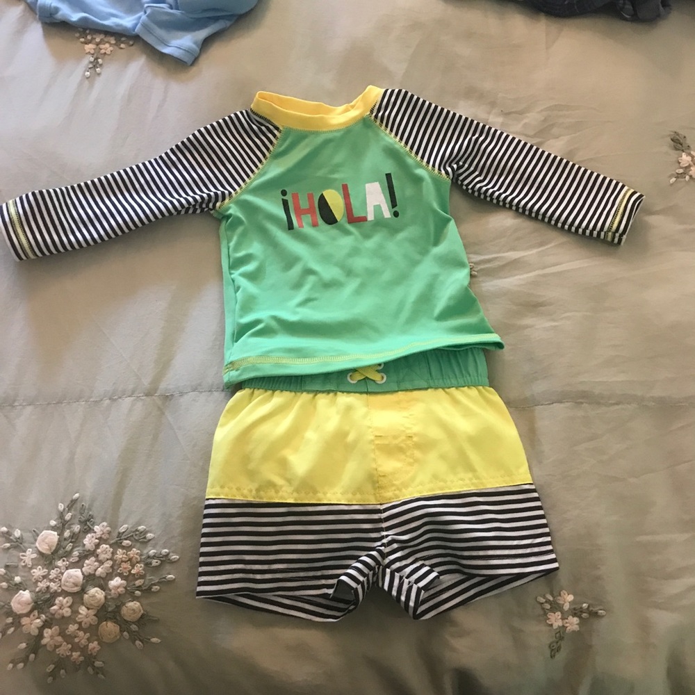 Cat and Jack swim trunks and rash guard